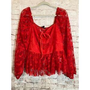 NEW Suzanne Betro Top Womens 2XL Red Lace Cropped Burnout Boho Fairy Goth Tie
